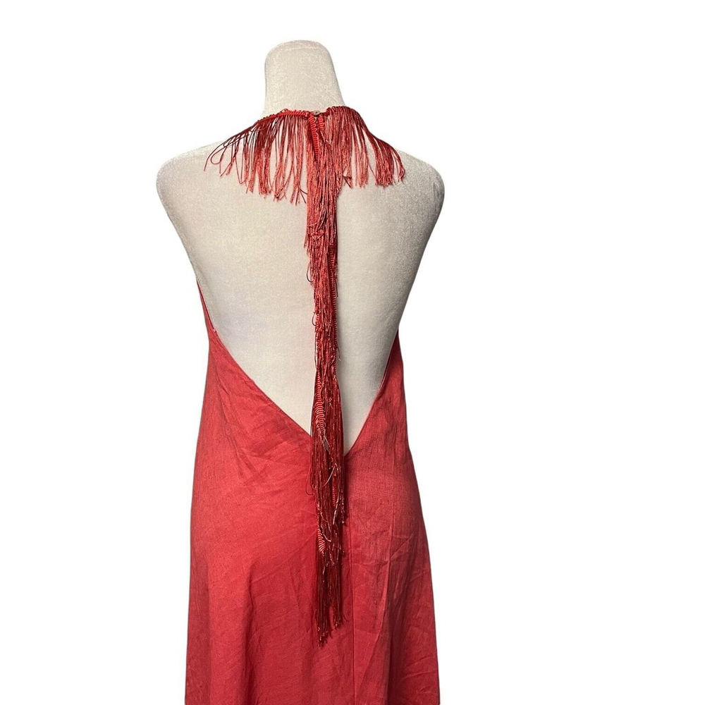Zara Limited Edition Coral FringeLinen Halter Maxi Dress Size XS - Picture 8 of 11
